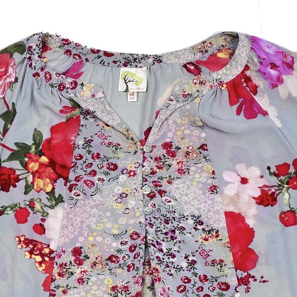 Fig and Flower Floral Boho V-Neck Crepe Tunic Mother of Pearl Buttons Sz XL NWOT - Picture 2 of 10